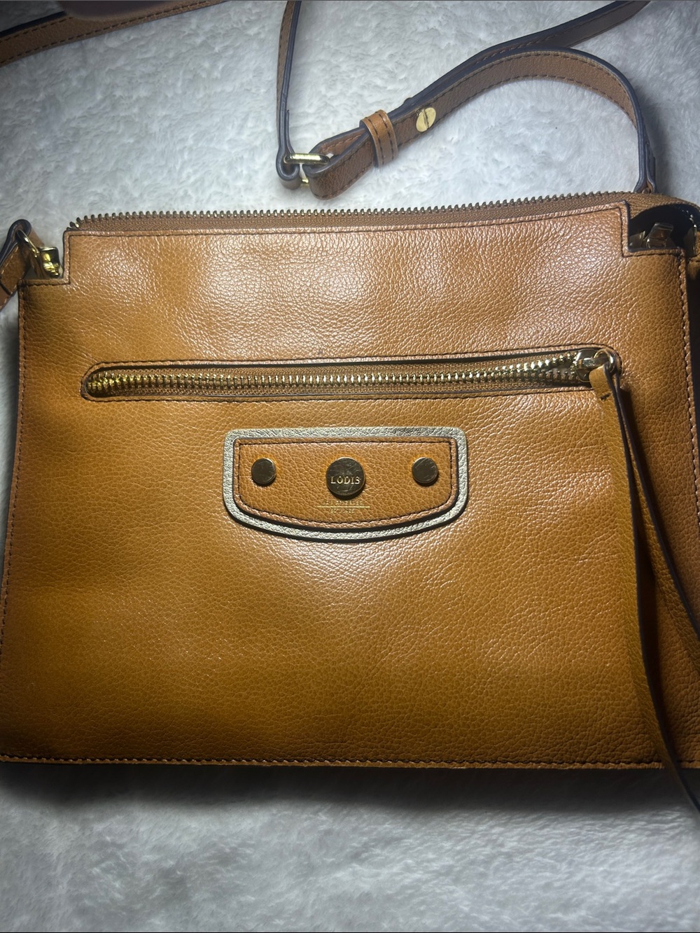 Lodis Tan Leather Crossbody Bag with Gold Hardware